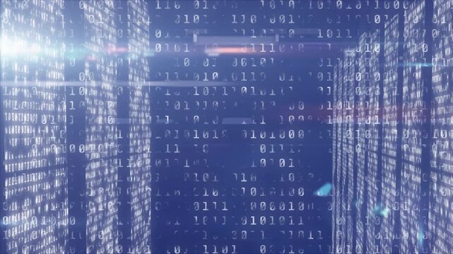 Opening 3D tunnel streaming binary code sweeping streaks advancing pulsing flare driving data flow