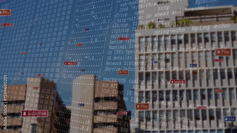 Poster camera capturing beige block and white high rise icons floating overlay fading showing network scan