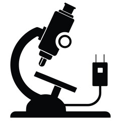 Black silhouette illustration of a microscope with an attached power plug suitable for science