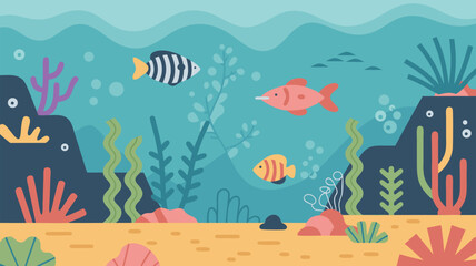 Vector SVG Illustration of Underwater Scene with Fish Coral and Rocks in Flat Modern Style