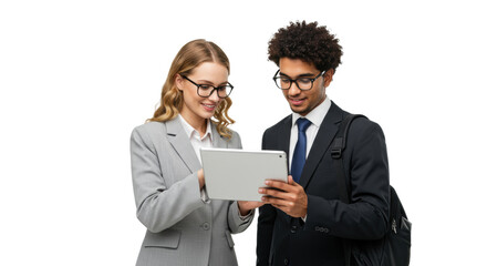 Young caucasian businesswoman in grey suit and middle eastern businessman in dark suit, both with glasses, smiling and looking intently at a silver tablet on a transparent background with copy space,
