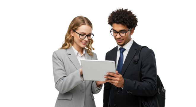 Young caucasian businesswoman in grey suit and middle eastern businessman in dark suit, both with glasses, smiling and looking intently at a silver tablet on a transparent background with copy space,