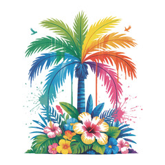 Obraz premium Vector art of a vibrant rainbow palm tree surrounded by tropical flowers evokes a summer vacation