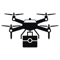 Black silhouette of a drone carrying a package representing delivery technology and modern logistics