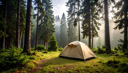 Serene Camping Experience in Lush Pine Forest with Morning Mist and Sunlight Filtering Through Trees