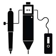 Black silhouette of a medical device with a pen and connected indicator panel illustration