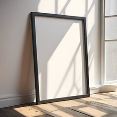 Soft-toned wall in living room with a horizontal empty frame mockup, perfect for creative print previews or gallery posters