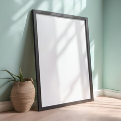 Horizontal blank frame mockup on pastel wall in elegant living room interior, great for presenting minimalist art, inspirational quote designs, or fine art prints