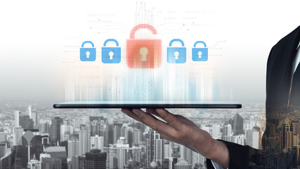 Digital security concept illustrating a cybersecurity breach, with a red unlocked padlock...