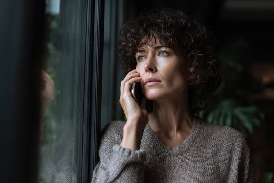 Agonized woman seeking mental health support at home by the window