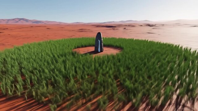 Stone Monolith in Desert Oasis - A single, tall stone monolith stands in the center of a circular patch of vibrant green grass, contrasting sharply with the surrounding red sand desert landscape