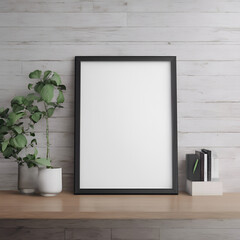 Realistic living room interior scene mockup with an empty horizontal frame leaning against soft wall, perfect for promotional artwork visualization