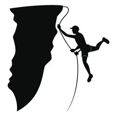 Black silhouette of a rock climber scaling a steep cliff face using ropes and harness in minimalist style