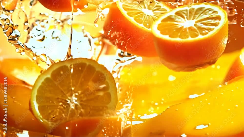 Poster yellow background with a splash of water and a banana. the water is splashing and the banana is floa