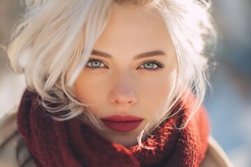 Fototapeta premium Alluring blonde woman with stunning makeup in a winter outdoor setting