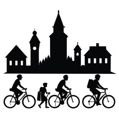 Black silhouette of urban cityscape with cyclists on bikes and walking figures simple graphic