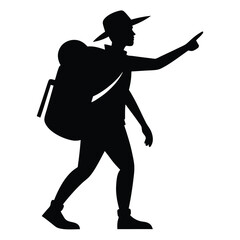 Black silhouette of adventurous person with backpack exploring a new location hiking outdoors