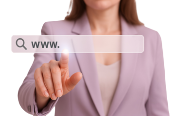 Professional woman interacting with virtual search interface, navigating digital network, conducting online business research on transparent backdrop