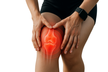 Female athlete clutching painful knee following rigorous training, highlighting sports injury strain and potential inflammation on clean isolated surface
