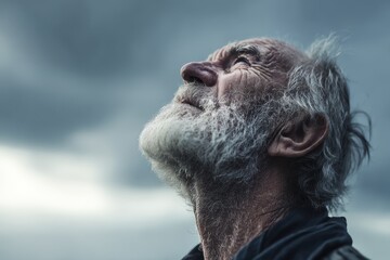 An elderly man in anguish gazing upward for divine assistance