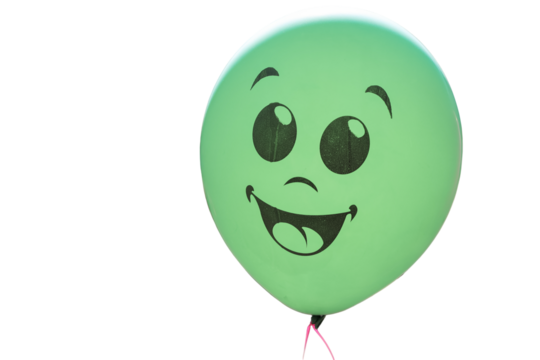 Cheerful green balloon with smiling face hovering weightlessly, floating against clear background, radiating playful positivity for creative graphic design elements