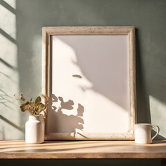 A clean and simple living room space mockup with a single blank frame leaning against an elegant wall, designed for displaying digital and printable artworks