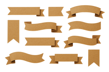 Set of cardboard ribbons banners made of kraft paper in different shapes isolated on a transparent background for web design . Rustic, eco style. Blank templates for text, price tags, logos