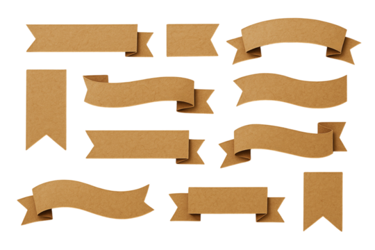 Set of cardboard ribbons banners made of kraft paper in different shapes isolated on a transparent background for web design . Rustic, eco style. Blank templates for text, price tags, logos