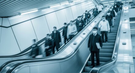 Crowd of people moving up and down on a blurred public escalator in a station