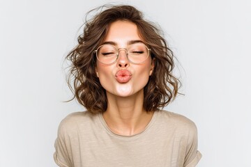 Fototapeta premium Charming affectionate woman blows a kiss eyes closed in round glasses and a beige shirt against a white backdrop Be my Valentine Body language idea