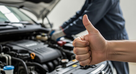 Mechanic gives thumbs up after car engine repair service