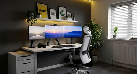 Modern Home Office Setup with Triple Monitors and Ergonomic Chair