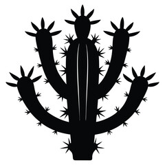 Bold silhouette of a desert cactus plant in black and white with spiked details against a blank background