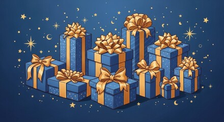 Collection of Blue Gift Boxes with Golden Ribbons and Stars on Blue Background