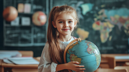 Girl in classroom holding globe, talking about cultures, future anthropologist concept