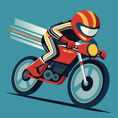 Bold vector illustration of a rider racing a motorcycle at high speed against a bright blue background