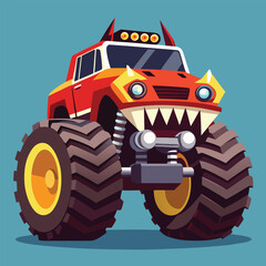 Bold illustration of a menacing monster truck design with large wheels and a creative grinning mouth on a blue background.
