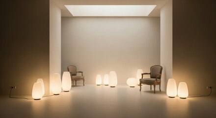 Minimalist Interior Design with Natural Salt Lamps and Antique Chairs