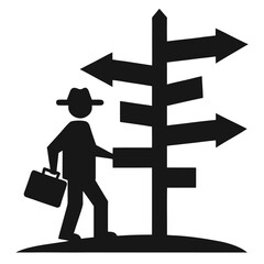 Businessman contemplating different directional choices at a signpost representing decision making and future paths