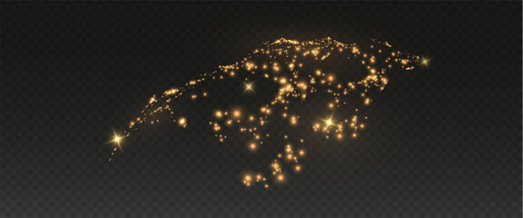 Christmas glowing bokeh confetti light and glitter texture overlay for your design. Festive sparkling gold dust png. Holiday powder dust for cards, invitations, banners, advertising.	
