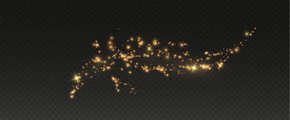 Christmas glowing bokeh confetti light and glitter texture overlay for your design. Festive sparkling gold dust png. Holiday powder dust for cards, invitations, banners, advertising.
