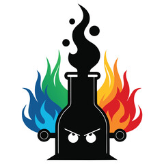 Cartoon flask with flames and angry expression represents chemical reaction or dangerous experiment abstract illustration