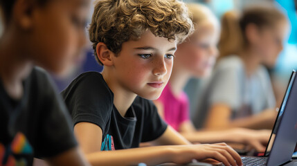 Kid typing code on a laptop at tech camp, aspiring future software developer