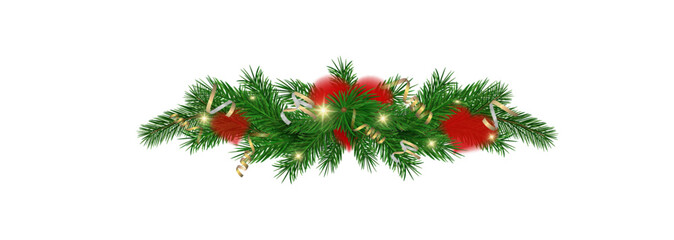 Garland of spruce branches. Christmas holiday decorations, realistic live fir tree effect with decorations for poster banners, png vector.Adobe Illustrator Artwork	

