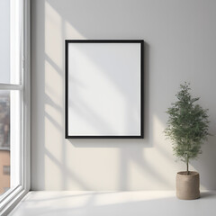 Stylish home decor scene with blank picture frame with shadow placed in a cozy living room, ideal for digital art, poster, or canvas print presentation on soft-toned background