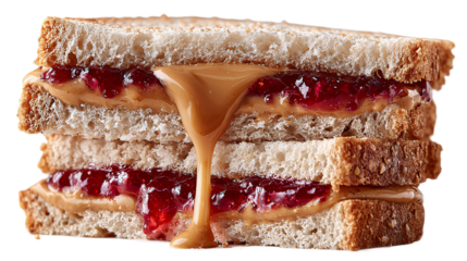 Peanut butter and jelly sandwich with dripping peanut butter filling isolated on transparent background