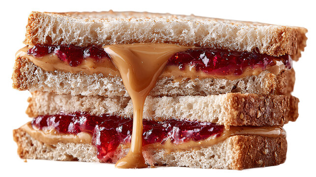 Peanut butter and jelly sandwich with dripping peanut butter filling isolated on transparent background - Powered by Adobe