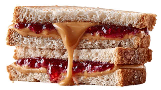 Peanut butter and jelly sandwich with dripping peanut butter filling isolated on transparent background - Powered by Adobe