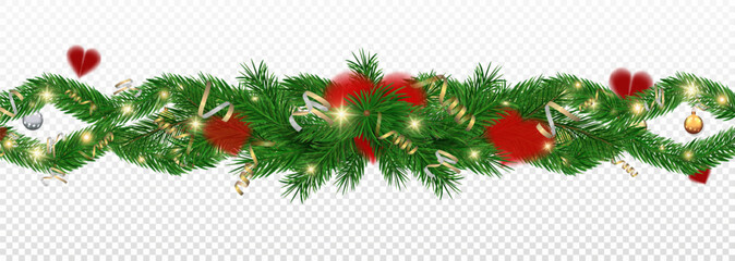 Garland of spruce branches. Christmas holiday decorations, realistic live fir tree effect with decorations for poster banners, png vector.Adobe Illustrator Artwork