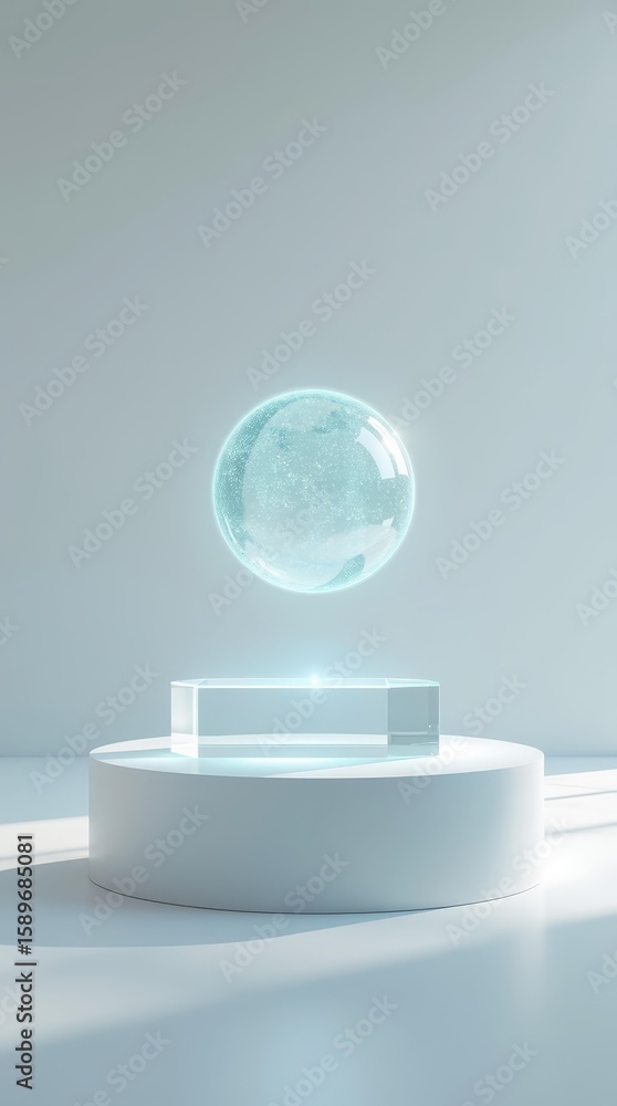 Poster glowing data sphere on pedestal in minimal white room for website and business headers.